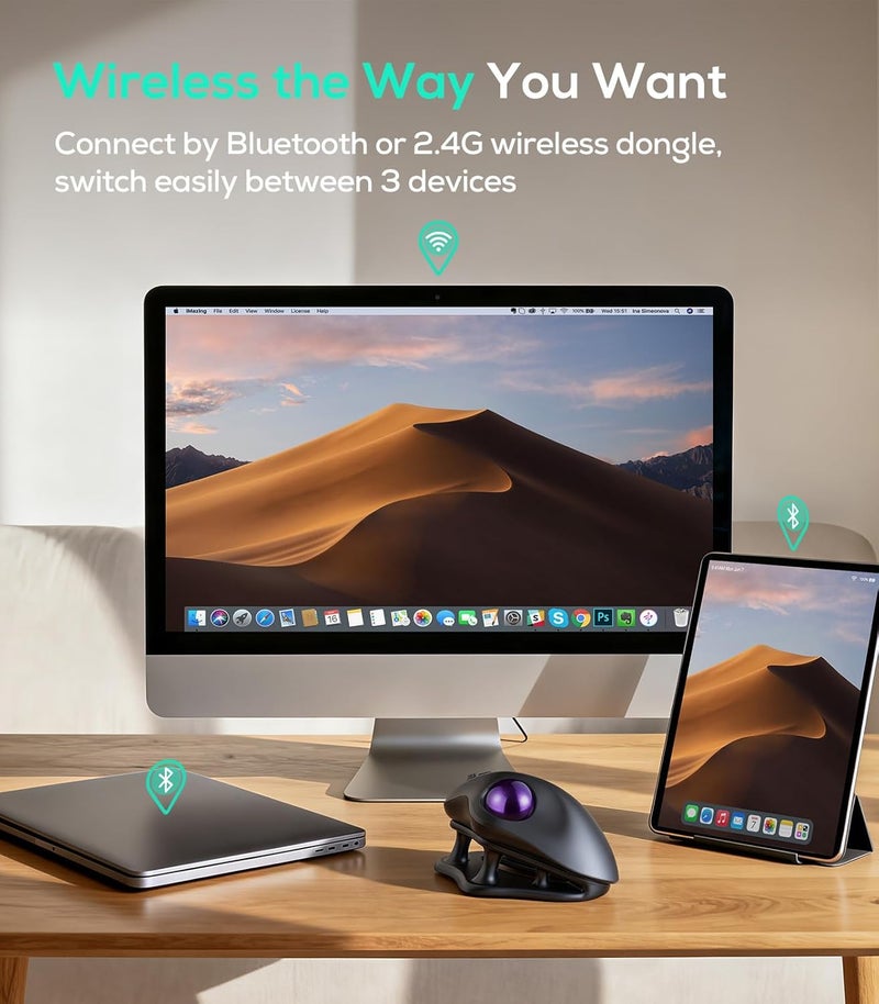 Nulea M511 Wireless Trackball Mouse, Rechargeable Ergonomic Thumb-Control Mouse with Tilt Stand, Smooth & Precision Tracking, 3 Device Connection (Bluetooth or USB Receiver), for PC/Mac/Laptop-Purple - Image 5